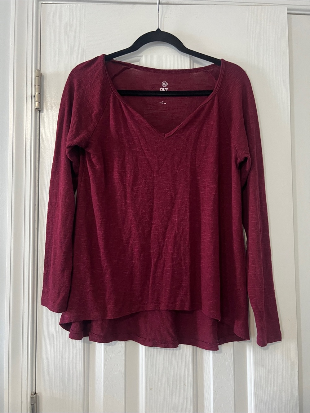 SO Long Sleeve V-Neck Tee in Burgundy - Cozy Knit